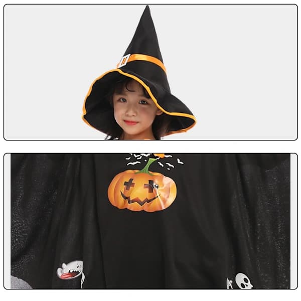 (Gul) Halloweenheksekappe for barn med hatt - Hudvennlig, A