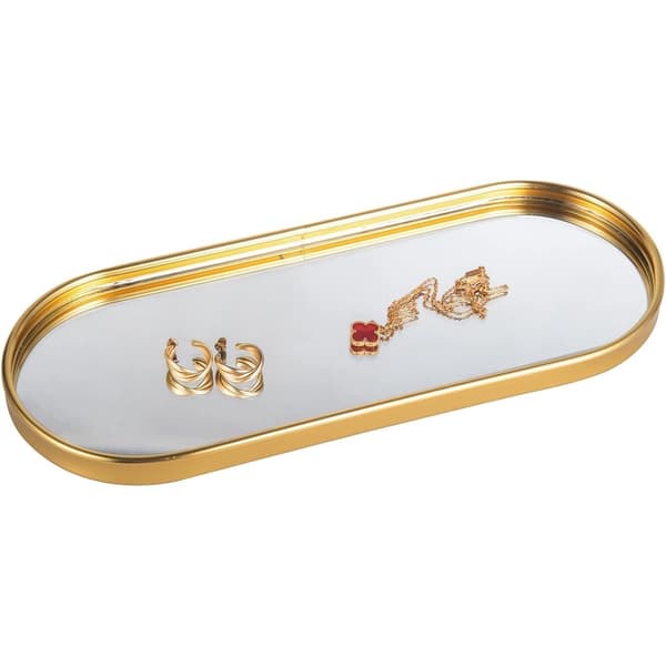 Mirrored Bathroom Vanity Tray, Gold Decorative Organizer Tray (Oval-Medium)