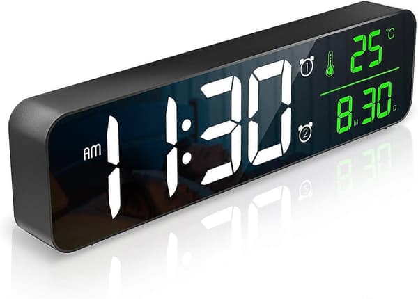 Large Digital Alarm Clock with Display, LED Bedside Clock, Electric Desk Clocks with Mirror, with Date, Time and Temperature Display