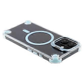 Compatible for iPhone 16 Magnetic Transparent Case Shockproof Hybrid Phone Cover with Camera Lens Frame Stand (Light Blue)
