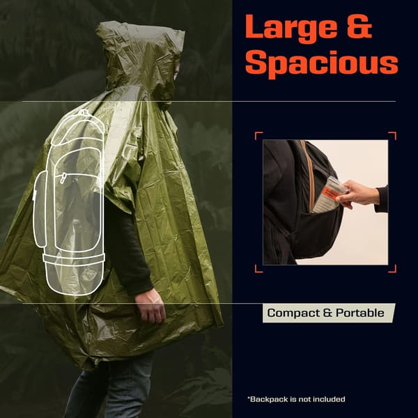 4-pak nødponcho og Mylar-tæppeforing - Vindafvisende udendørs regnponcho til camping