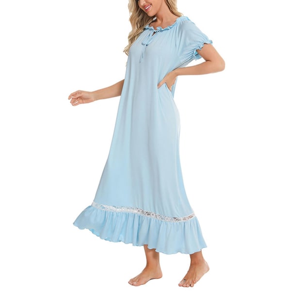 Nattlinnen för kvinnor Hem Pyjamas Nattlinne med snörning Kortärmad lång sovklänning Badrumsblå Storlek: XL