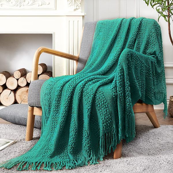 Tjock kabelstickad pläd för soffa och säng, lätt, mjuk och mysig pläd med fransar, dekorativa filtar och plädar, 127x152 cm (50\"x60\") Emerald green