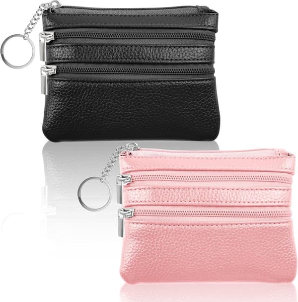 2 Mini Wallets for Women Compact Leather Zip Around with 3 Compartments Key Holder Black Pink