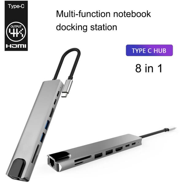 USB C -keskitinsovitin, 8-in-1 Mac-lisävaruste USBC-sovitin 4K HDMI, Ethernet, 2 USB 3.0, SD/TF-kortinlukija