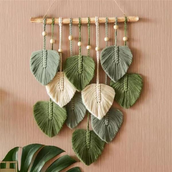 Chic Feather Boho Macrame Wall Decor Handgjorda Garn Tofsar Vävd Väggkonst Blad Gobeläng Bohème Dekoration, A