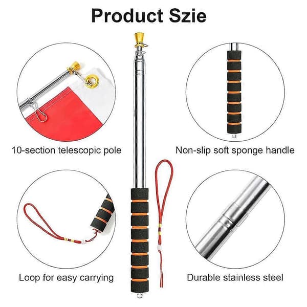 3 meter telescopic flagpole, handheld retractable flagpole with 4 clips, non-slip handle for camping guide events