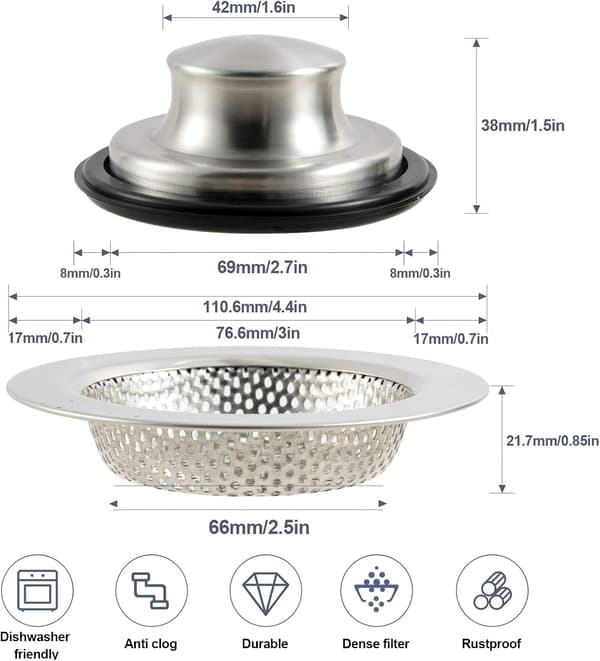 2-pack Stainless Steel Sink Strainer and Stopper - with Robust Rubber Seal and Round Knob Handle