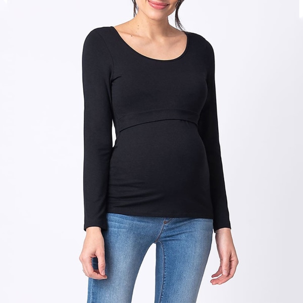 Ny gravid-t-skjorte med lange ermer, rund hals, fire årstider med bunn – Svart L