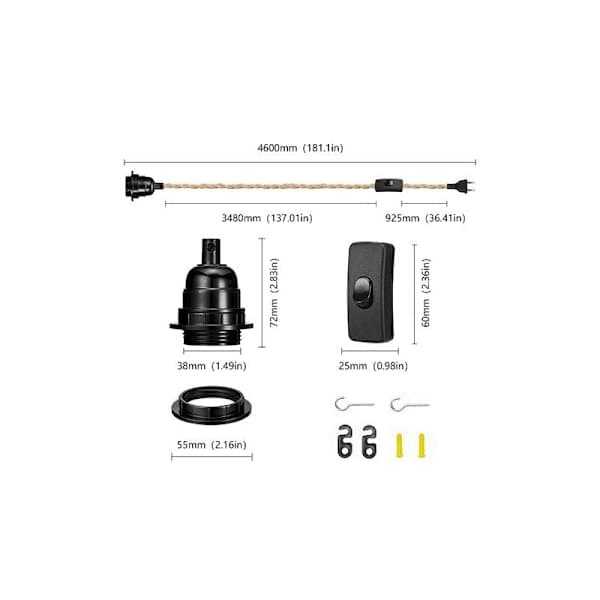 Rope Chandelier, Retro E27 Socket with 4.5 Meter Power Cable and Switch, for Rope Under the Lamp (Bulb Not Included)