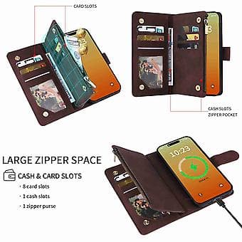 Læderpung-etui med lynlås til iPhone 15 Pro Max (brun)
