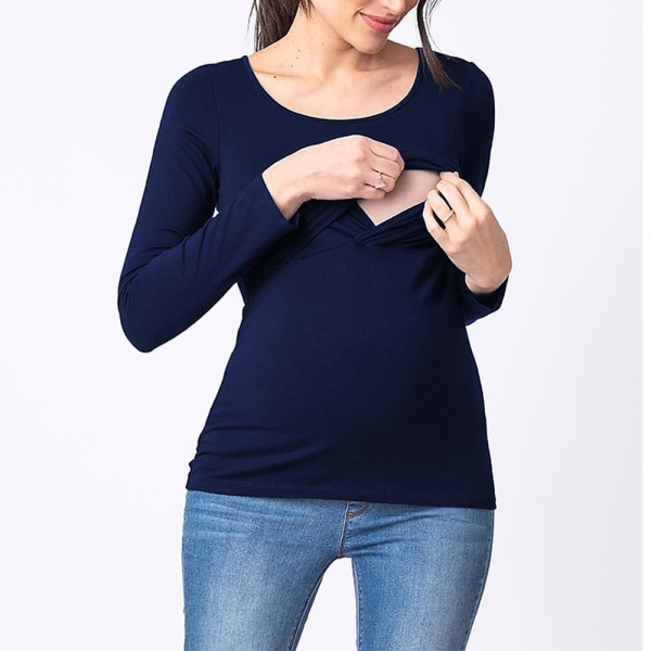 Ny pleie-T-skjorte med lange ermer og rund hals for gravide hele sesongen - marineblå M