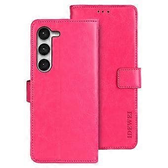IDEWEI Compatible For Samsung Galaxy S23 Plus Wallet Case Crazy Horse Texture Shockproof PU Leather Foldable Stand Wallet F(Pink)