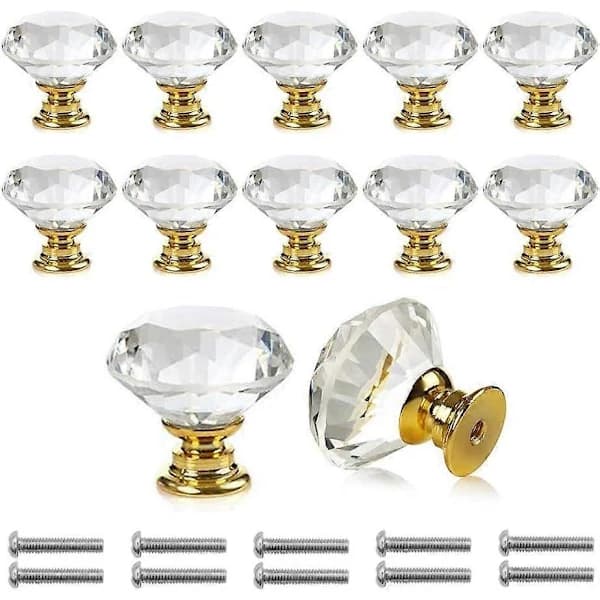 12 Crystal Glass Cabinet Knobs Diamond Cut Drawer Pulls for Kitchen Cabinets Wardrobes and Doors 30mm Gold