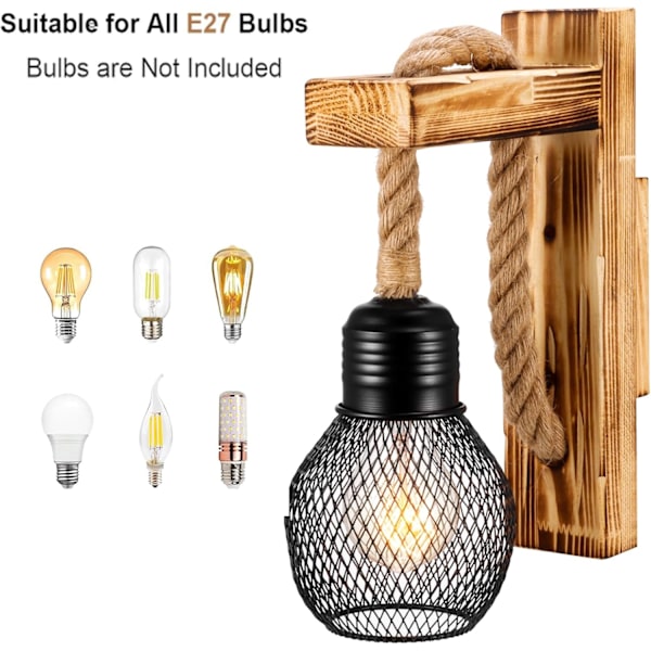 Trävägglampa Hamparep, E27 LED Retro Vägglampa Vardagsrum Sängbord Korridor Café Bar (Utan Glödlampa)