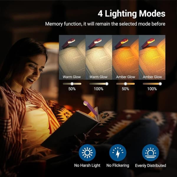 Amber Book Light, USB Rechargeable Reading Light, Clip-on Light for Books, Adjustable Brightness, Sleep Aid Light, Warm White Light