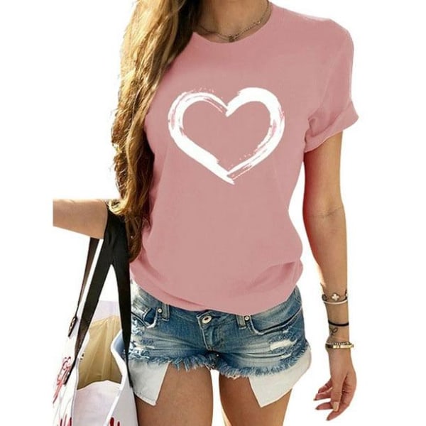 Women's Summer Crew Neck T-Shirt Short Sleeve Casual Love Heart Printed Pullover Tops Tee Shirts Blouse Plus Size S-3XL