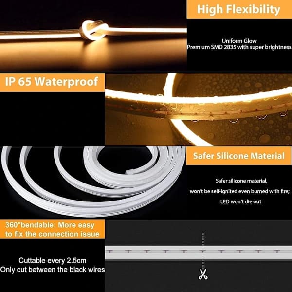 Neon LED-stripe, 12V 5m dimbar varmhvit LED-stripe, 3000K vanntett utendørs silikon fleksibel LED-stripe