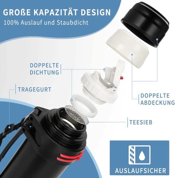 Termoflaske 1,5L vakuumflaske termoflaske med 2 sorte rustfrie kopper
