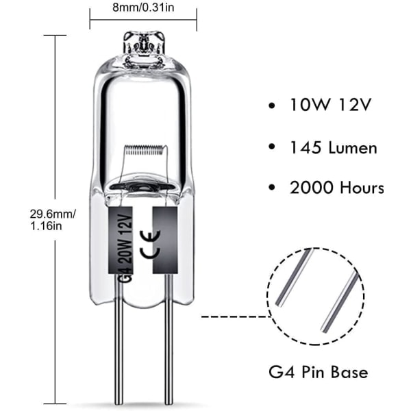 G4 Halogenpærer 20W 12V - Varm hvid - 10-pak 20W 10 stk 20W 10 stk 10pcs 20W