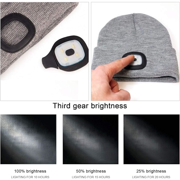 LED-hue med 3 lysstyrkeniveauer, hue til mænd og kvinder, lampe, USB-opladelig løbehue, vintervarm hue