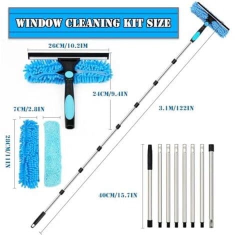 3.1m Extendable Window Cleaner, 2-in-1 Window Cleaning Device, Telescopic Cleaning Tool for High Windows and Car Windows