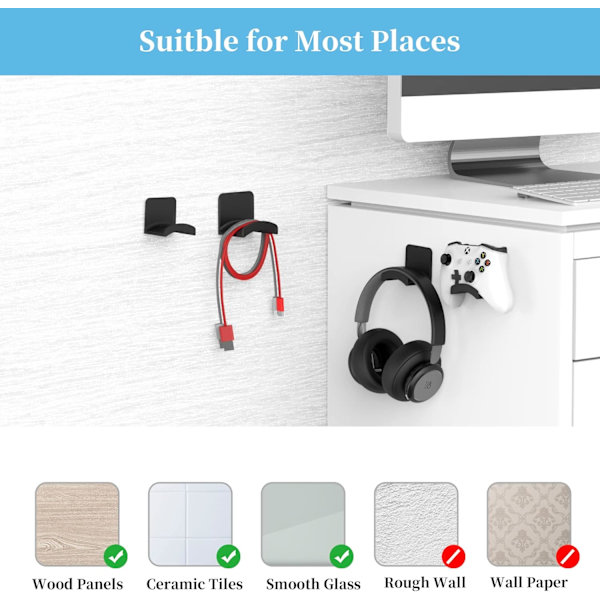 Hörlursfäste Hängare Hållare - 2-pack Stark Självhäftande Headsetkrok Stativ för Gaminghörlurar, Headsetfäste för Hem/Kontor/Spelrum
