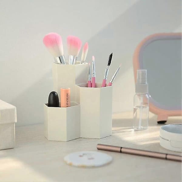 Creative Hexagon Pen Holder Plastic Pen Pot Cup, Multifunctional Desktop Storage - Beige