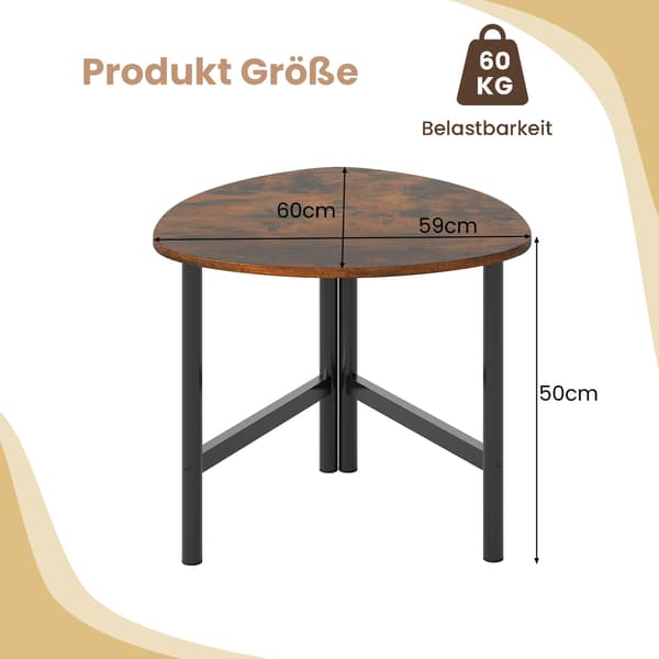 Trekantet sofabord med metallben, rustikk brun