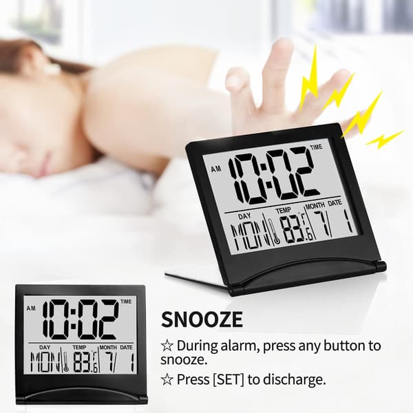 Digital Travel Alarm Clock - Foldable Calendar & Temperature & Timer LCD Clock - Large Digit Display - Compact Desk Clock (Black)