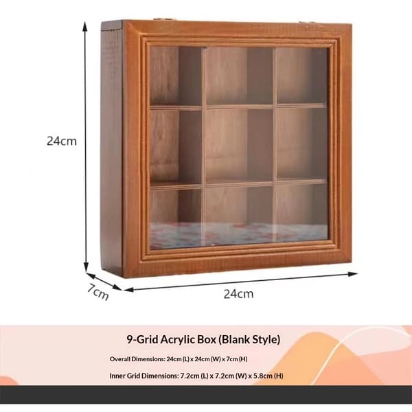 Wooden Spice Box 24 cm - Decorative Organizer with Glass Lid, 9 Fixed Compartments