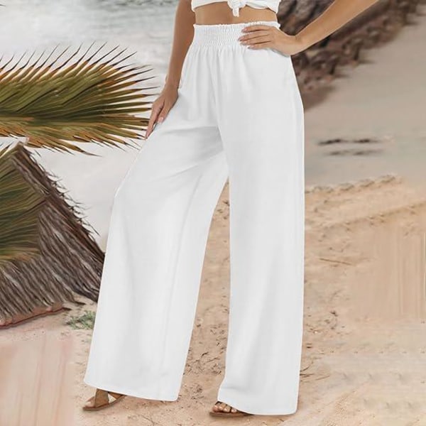 Pellava Palazzo-housut naisille Summer Casual korkeavyötäröiset leveät housut Boho Flowy Beach Lounge-housut taskuilla