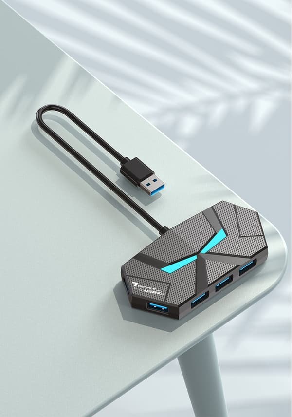 USB 3.0 Hub 7-port Powered Splitter with 1.2m Extension Cable 5Gbps Data Transfer LED Light for Laptop Desktop PC Black