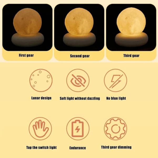 {hw} Moon 3D Table Decoration - Touch Control Brightness, USB Charging, Decorative Table Lamp, Night Light, Bedroom Decoration