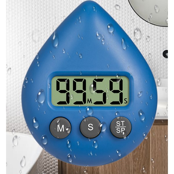 Vandtæt brusebadstimer, digital timer, badeværelses- og køkkentimer, nedtællingstimer med sugekopshul blå blue