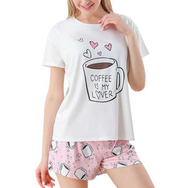 Kortärmad pyjamas för kvinnor Tecknad set Nattlinne Casual Shorts med dragsko Pyjamas Rosa storlek M