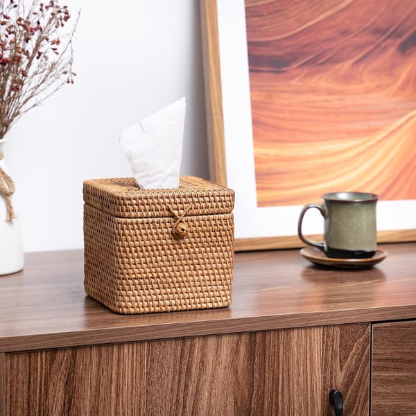 Firkantet Rattan Tissue Box med hængslet låg