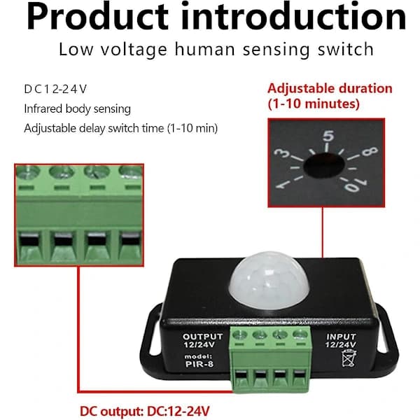 LED Bevegelsessensor 12v/24v DC, Bevegelsessensor Kropp Infrarød Bevegelse PIR Sensorbryter Automatisk Trådløs, A