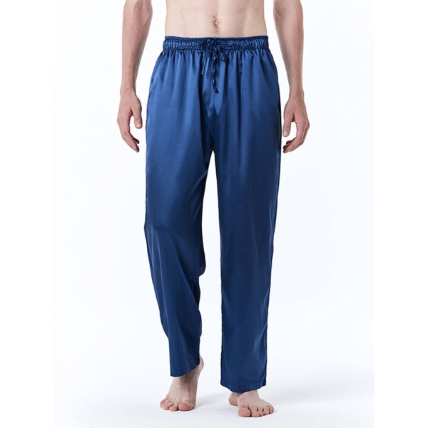 Sommarsömnbyxor för män Lösa Sovkläder i enfärgad satin Byxor Långa pyjamasbyxor Marinblå, storlek 3Xl