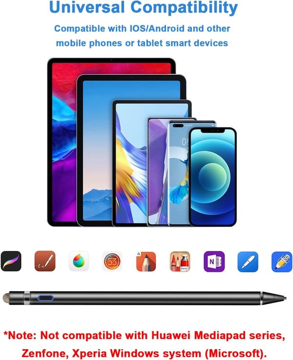 2-in-1 Active Stylus Pen for iOS Android Tablets iPad Air Pro Mini Huawei Samsung Compatible Black Rechargeable Digital Pen