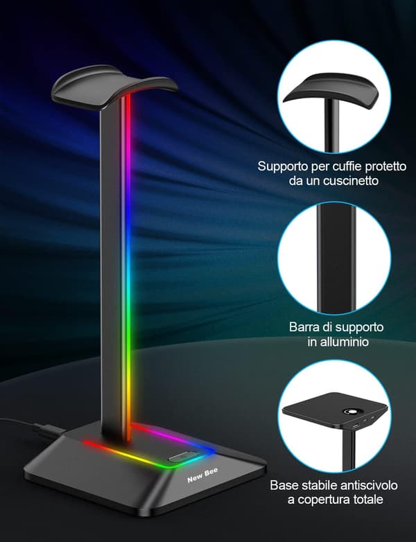 RGB-hodetelefonstativ for gaming-headset, LED-tilbehørsholder med 7 lysmoduser, sklisikker gummi