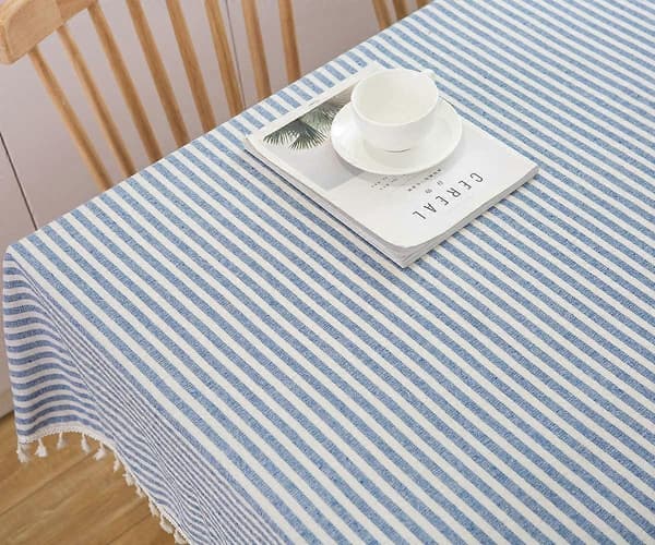 Cotton Linen Tablecloth with Stripes and Tassels, Rectangular, Dustproof Tablecloth for Kitchen, Dining Table, Table Decoration (140 cm x 180 cm, Blue)