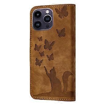Compatible with iPhone 12 Pro Max Embossed Butterfly Cat Wallet Case with Card Slots Kickstand Case - Brown Brown