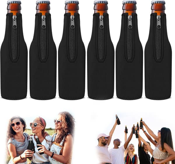 Neoprene Beer Bottle Cooler, 12 oz Longneck, Non-Slip, Keeps Beer Cold, Black, 6-Pack