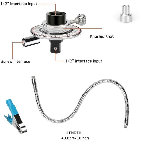 Adjustable Angle Torque Gauge 1/2 \" 360° Adjustment with 16 \" Flexible Arm Strong Magnet 1-Pack