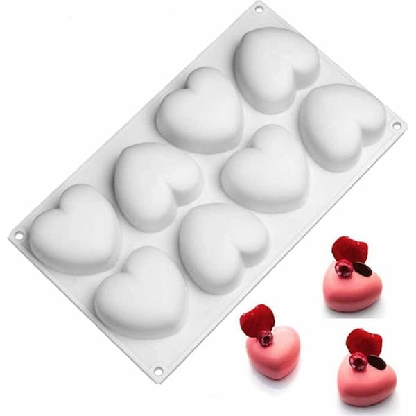 3D hjerteformet silikoneform til kage, hjerteformet mousseform, dessert, silikonemousse, bagning osv. (8 3D hjerteformede hulrum)