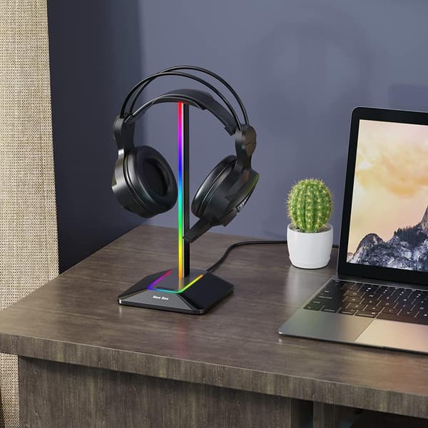 RGB-hodetelefonstativ for gaming-headset, LED-tilbehørsholder med 7 lysmoduser, sklisikker gummi