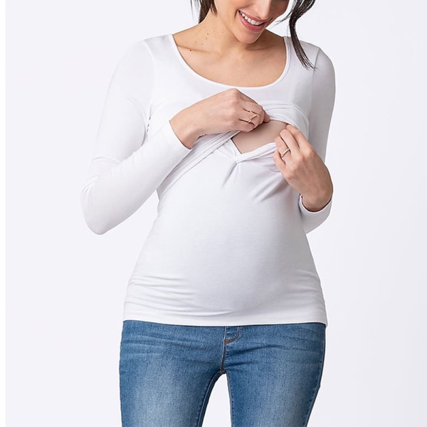 Ny langærmet amme-t-shirt med rund hals og rund hals til gravide hele sæsonen - hvid XXL
