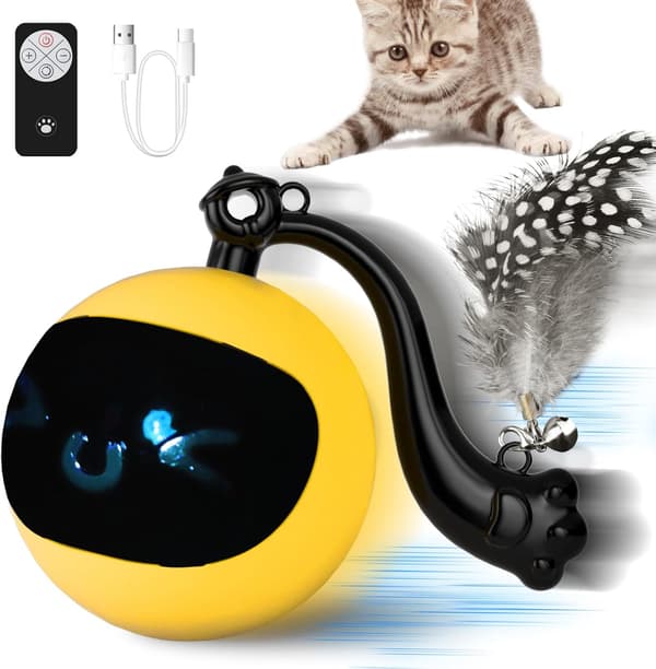 Interactive Remote Control Cat Toy Ball, Automatic Moving Rolling Feather Toy USB Rechargeable Motion Activated Play for Indoor Cats