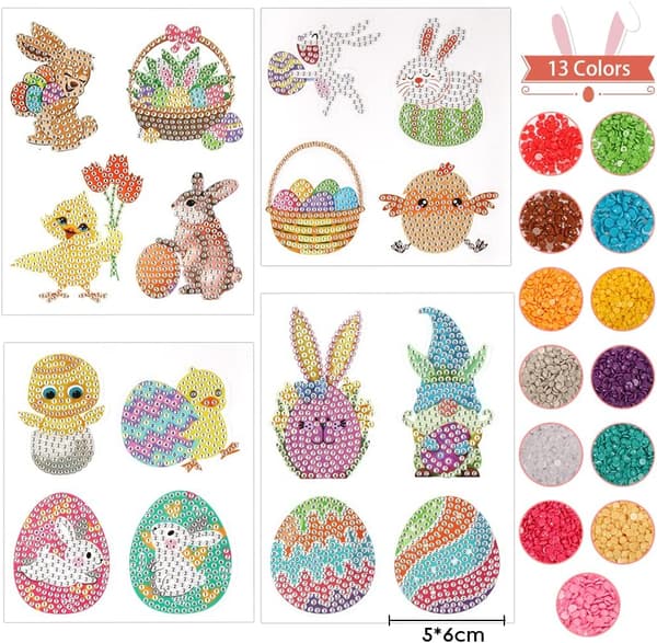 Easter 5D Diamond Painting Kits 16pcs Diamond Painting Easter Patterns Eggs Rabbit Chicks Easter Kids DIY Crafts Gifts